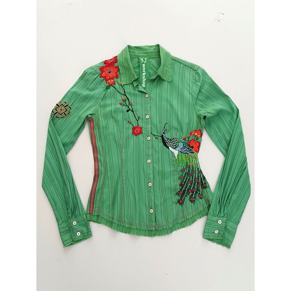 Johnny Was 3J Workshop Embroidered Peacock Floral L/S Green Cotton Blouse Sz S
